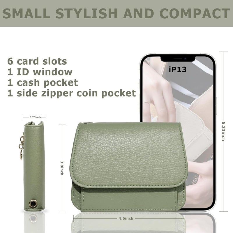 Sunpour Women Small Wallet RFID Blocking Slim Wallet with Coin Pocket Tri-Fold Credit Card Holder with ID Window and Keychain(Light Green) - Image 3